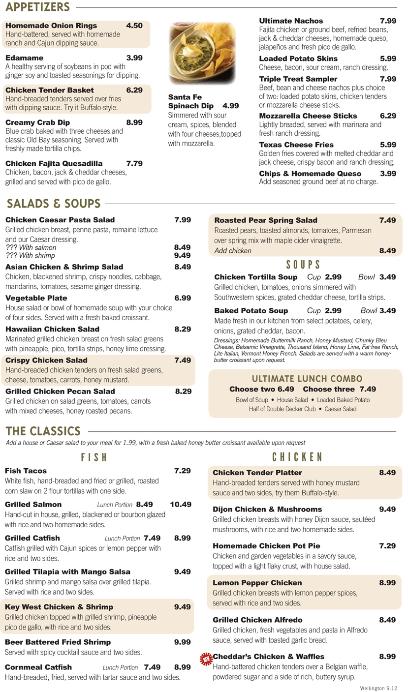 Cheddars Menu Printable